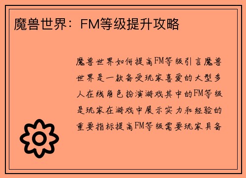 魔兽世界：FM等级提升攻略